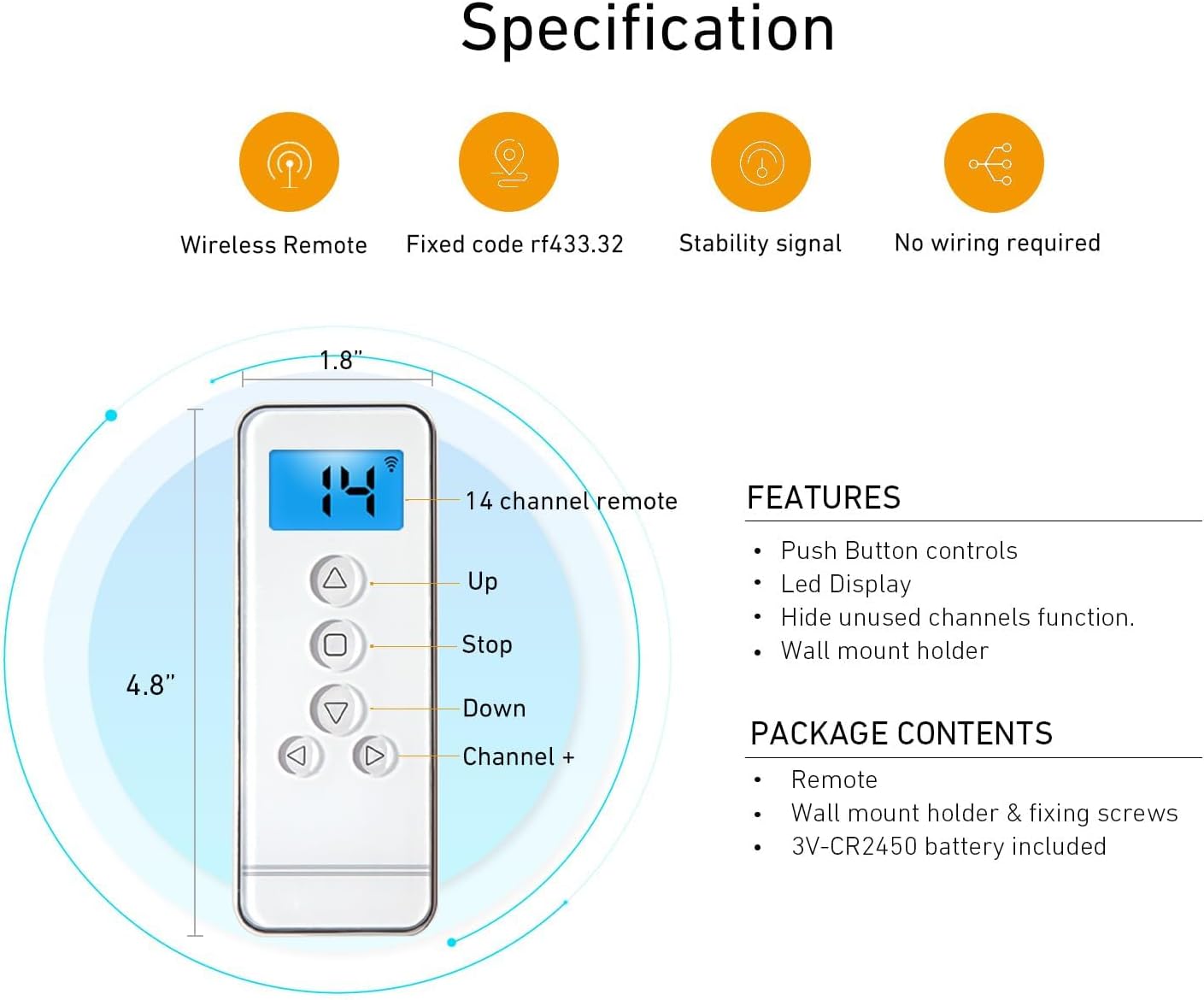 Rollerhouse remote control with dimensions and features labeled