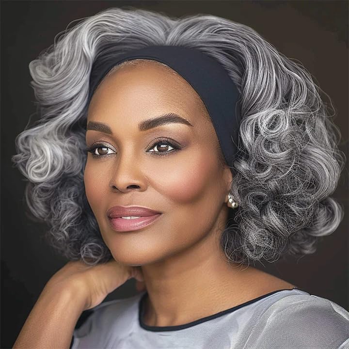 SOUL LADY Salt And Pepper Grey Wigs, Body Wave Headband Human Hair Wigs For Seniors Silver Gray Body Wave Headband Wig Non Lace Bob Wig 12 Inch