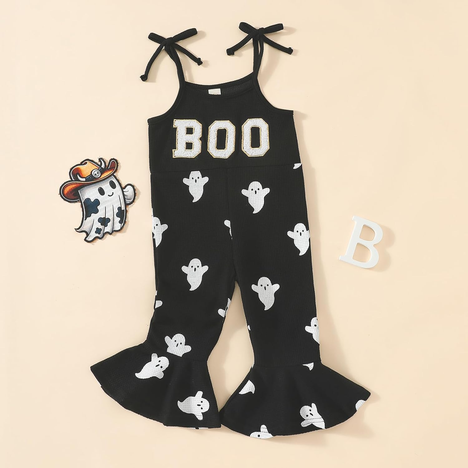 Halloween Toddler Baby Girl Outfit Boo Romper Jumpsuit Spaghetti Strap Overall Bell Bottoms Outfits Fall Clothes