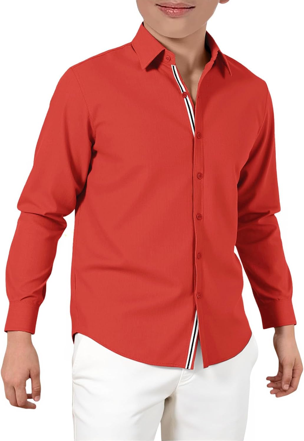 Haloumoning Boys Long Sleeve Dress Shirts Kids Solid Casual Button Down Uniform Shirts 5-14 Years