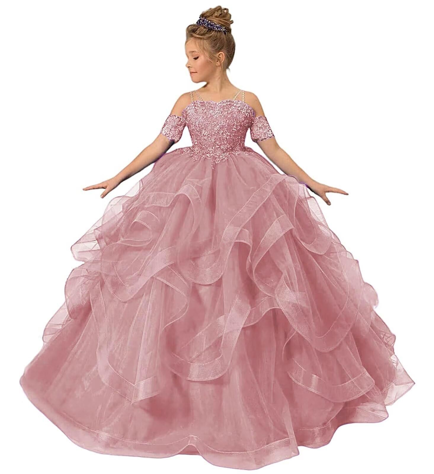 Girls Flower Girl Dress for Wedding Tulle Pageant Dresses Off Shoulder Ball Gown Lace Applique Girls Party Dresses