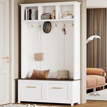 47.2" Wide Entryway Hall Tree with 2 Storage Drawers, Shoe Cabinet with Brown Wood Grain Bench and 6 Gold Hanging Hooks, Hallway Coat Rack with Open Compartments for Living Room, Mudroom White