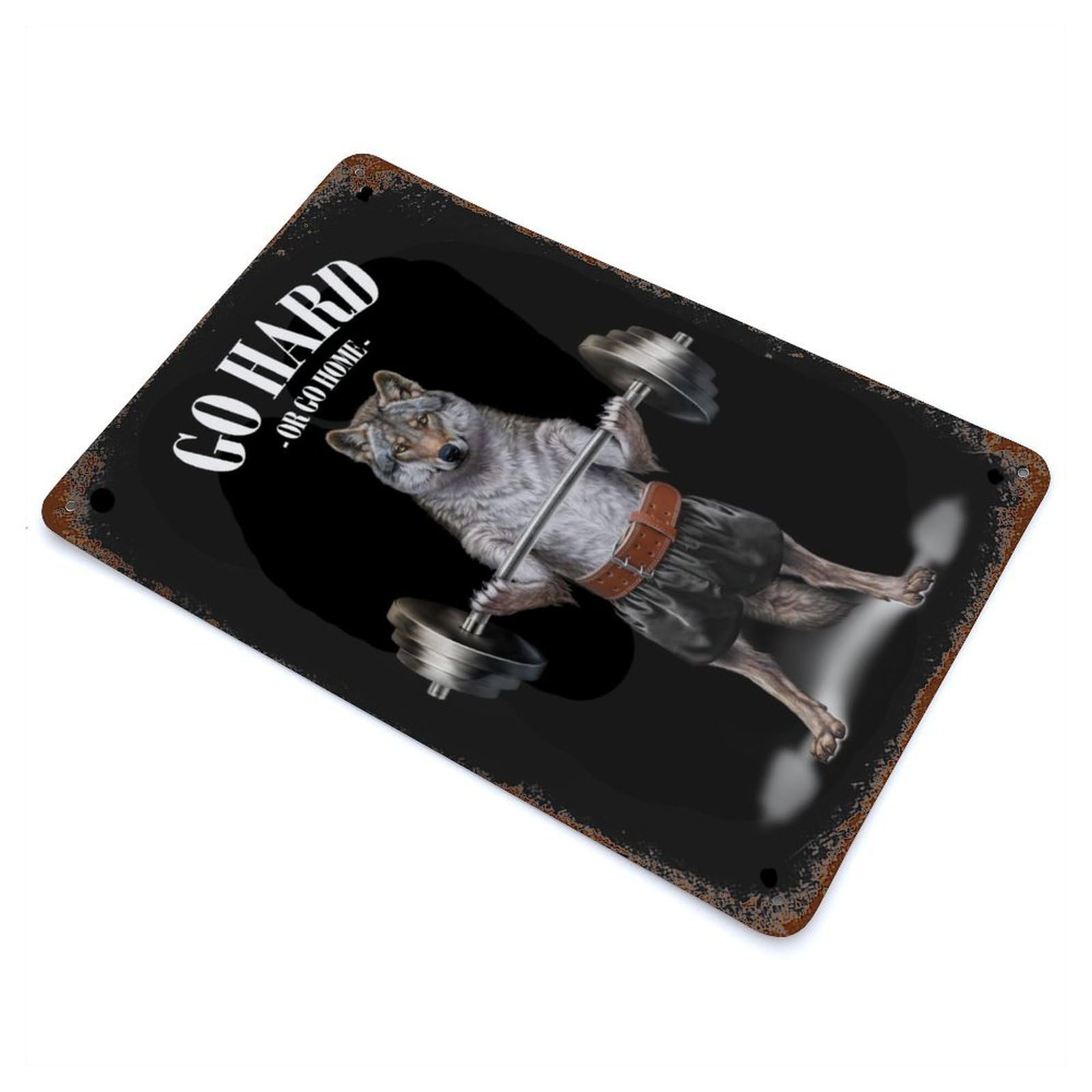 Timber Wolf Weightlifting Weathered Tin Sign 11.8"x7.9", Rustic Home Decor for Office, Studio And Wall Decor