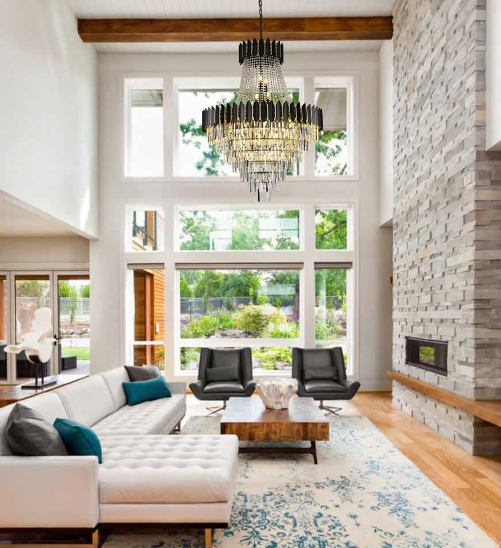 Luxury Modern Crystal Chandelier K9 Raindrop Crystal Chandelier Black Finish 7-Tier Crystal Pendant Ceiling Light Fixture for Dining Room Living Room Foyer Hallway (D40in-31 Lights)