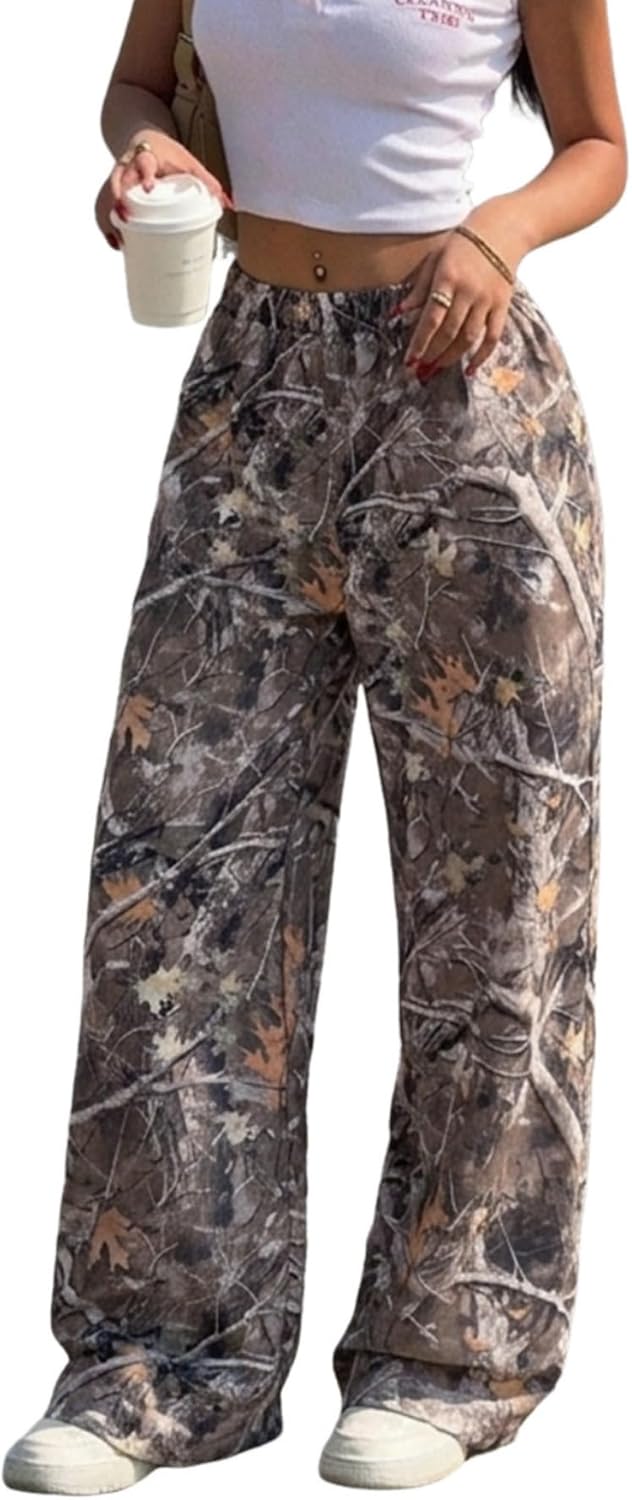 GORGLITTER Women's Camo Baggy Pants Oversized Wide Leg High Waisted Drawstring Streetwear Camouflage Track Sweat Pants