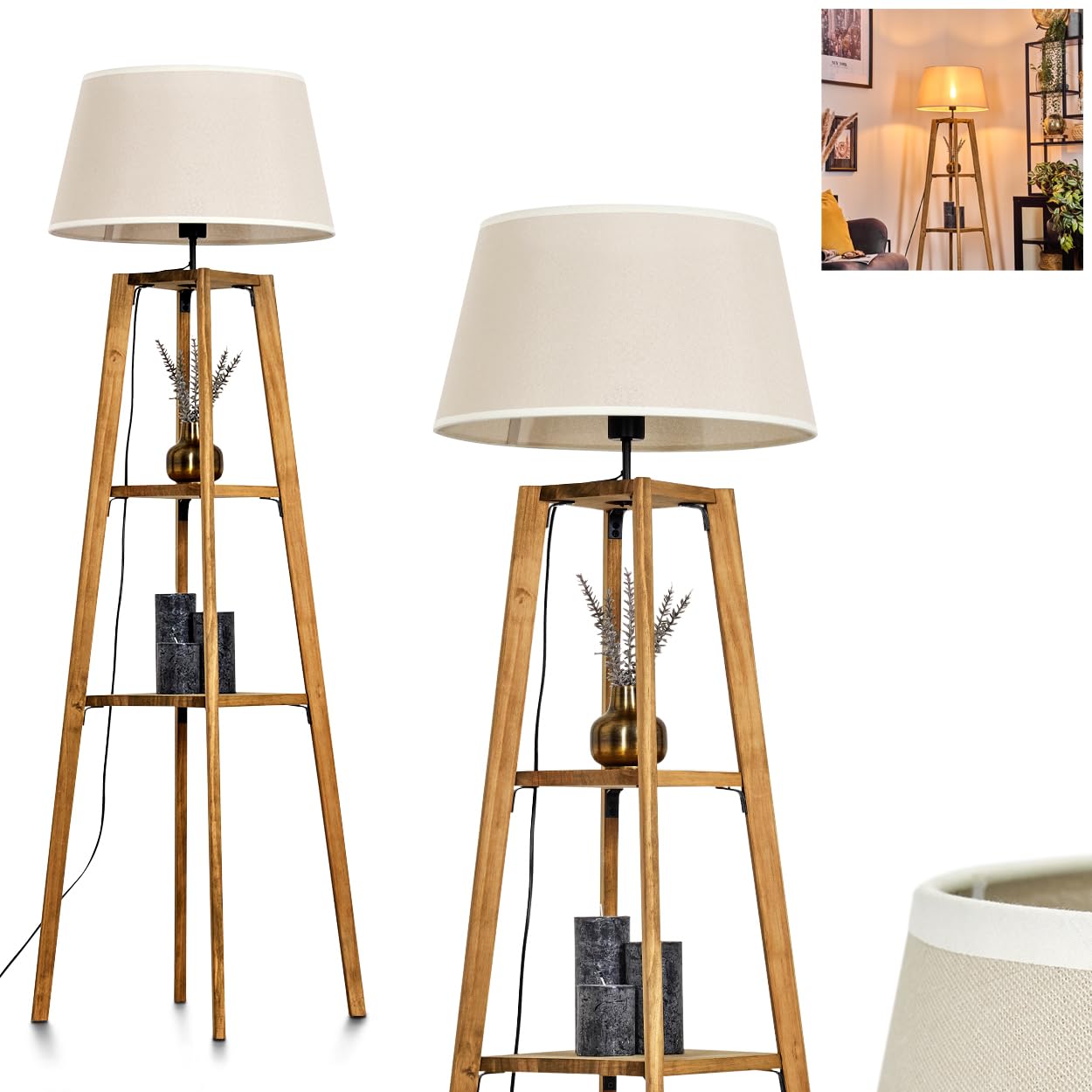 Stehleuchte Bassagoda, Stehlampe aus Holz/Stoff in Natur/Beige/Weiß, Leuchte im skandinavischen Design, Schirm Ø 45 cm, Ablageflächen u. Fußschalter, Höhe 148 cm, 1 x E27, ohne Leuchtmittel