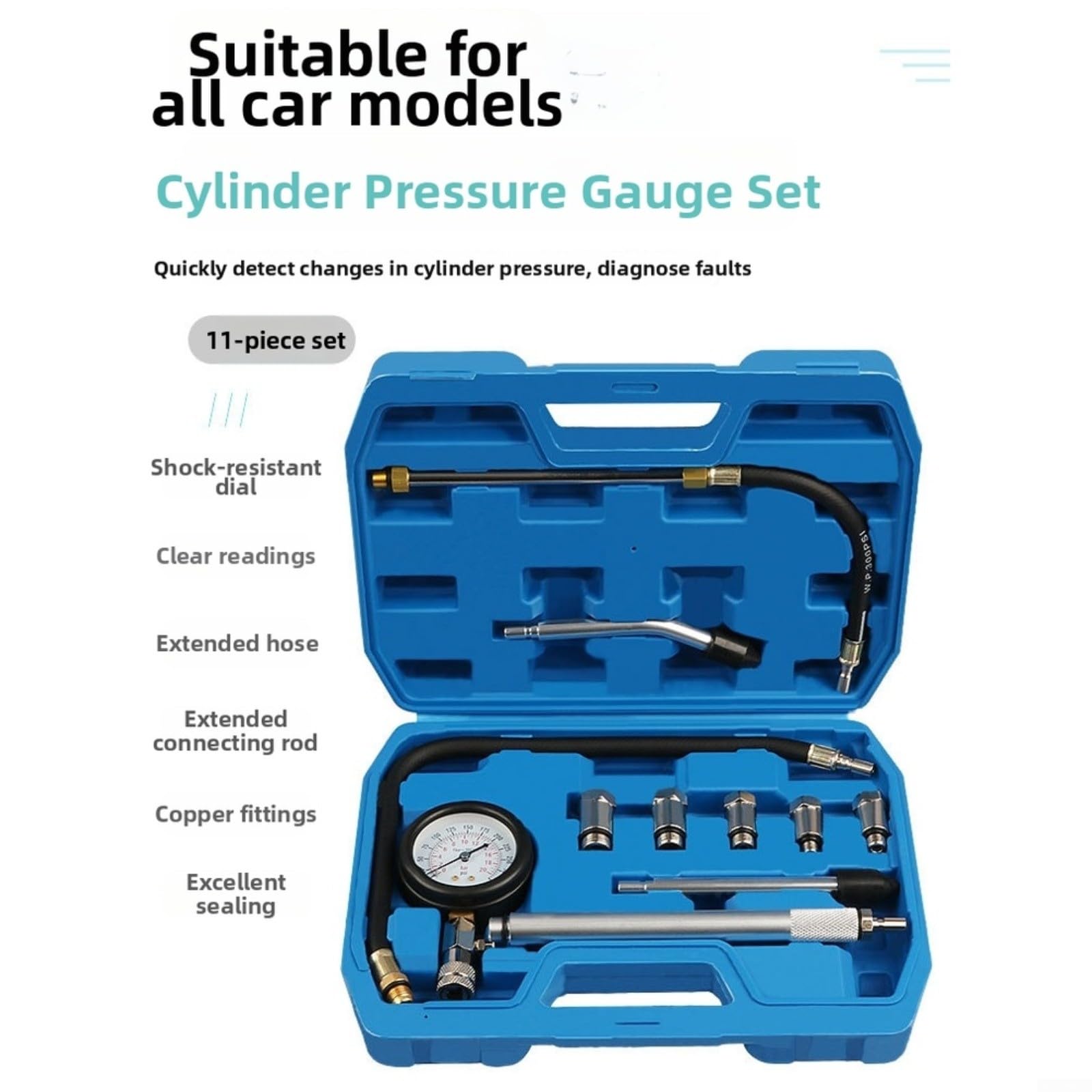 Medidor de presión cilíndrica de 11 piezas para prueba de compresión del motor, manómetro 0-300 PSI/0-20 BAR con adaptadores y manguera flexible,