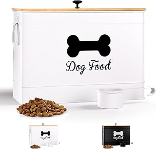 Dog Food Container Airtight 15 lb (50 Cup) Capacity with Metal Scoop - Cute Airtight Dog Food Storage Container with Bamboo Lid - White Metal Kibble Storage Bin for Dogs up to 100 lbs - Big Pet Jar
