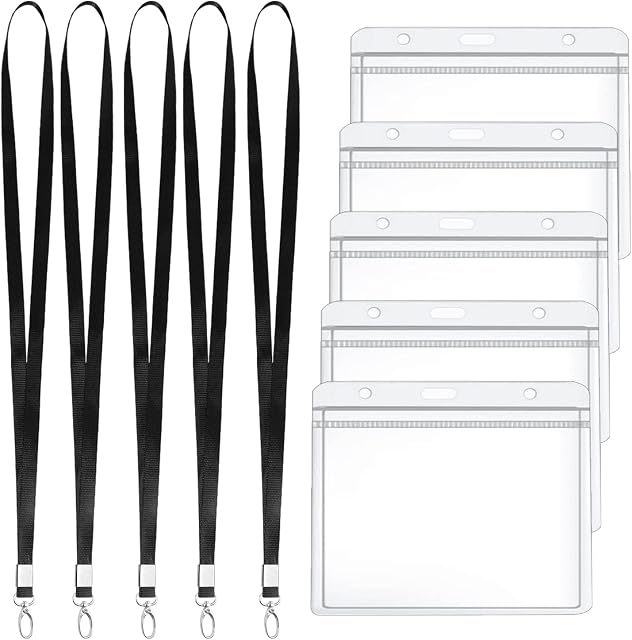 5PCS Lanyards with Card Holder, Black Flat Nylon Lanyards for Neck Plastic ID Card Holders