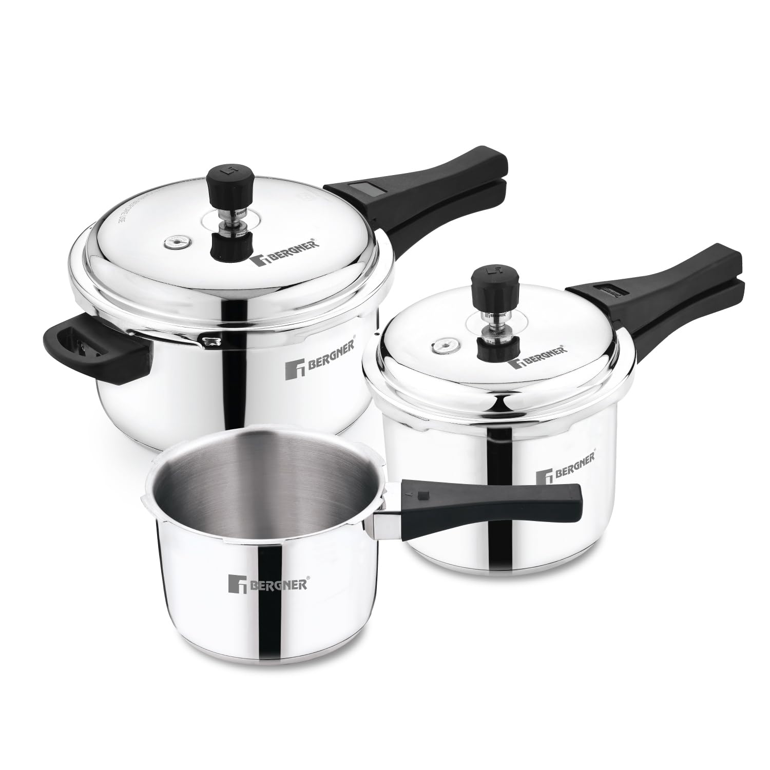 Bergner Sorrento Stainless Steel Outer Lid Pressure Cooker Set - 5 L Cooker + 2 L and 3 L Cooker with Common Lid, Triply Base, Heavy Bottom, Easy Open and Close, Healthy Cooking - Induction Bottom (B0DJ11LFBF) Amazon Price History, Amazon Price Tracker