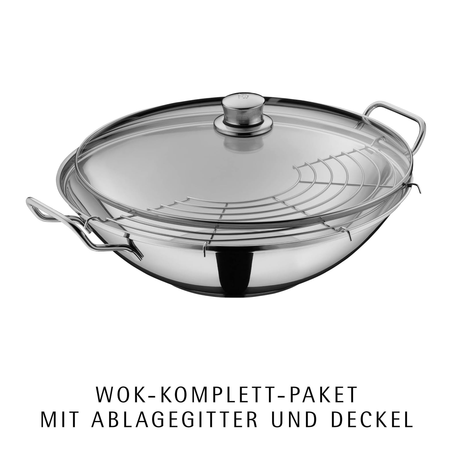 WMF Party Taiwan Wokpfanne Induktion 36 cm, Wok mit Deckel und Ablagegitter, Wok Induktion mit Deckel, Cromargan Edelstahl unbeschichtet, backofengeeignet