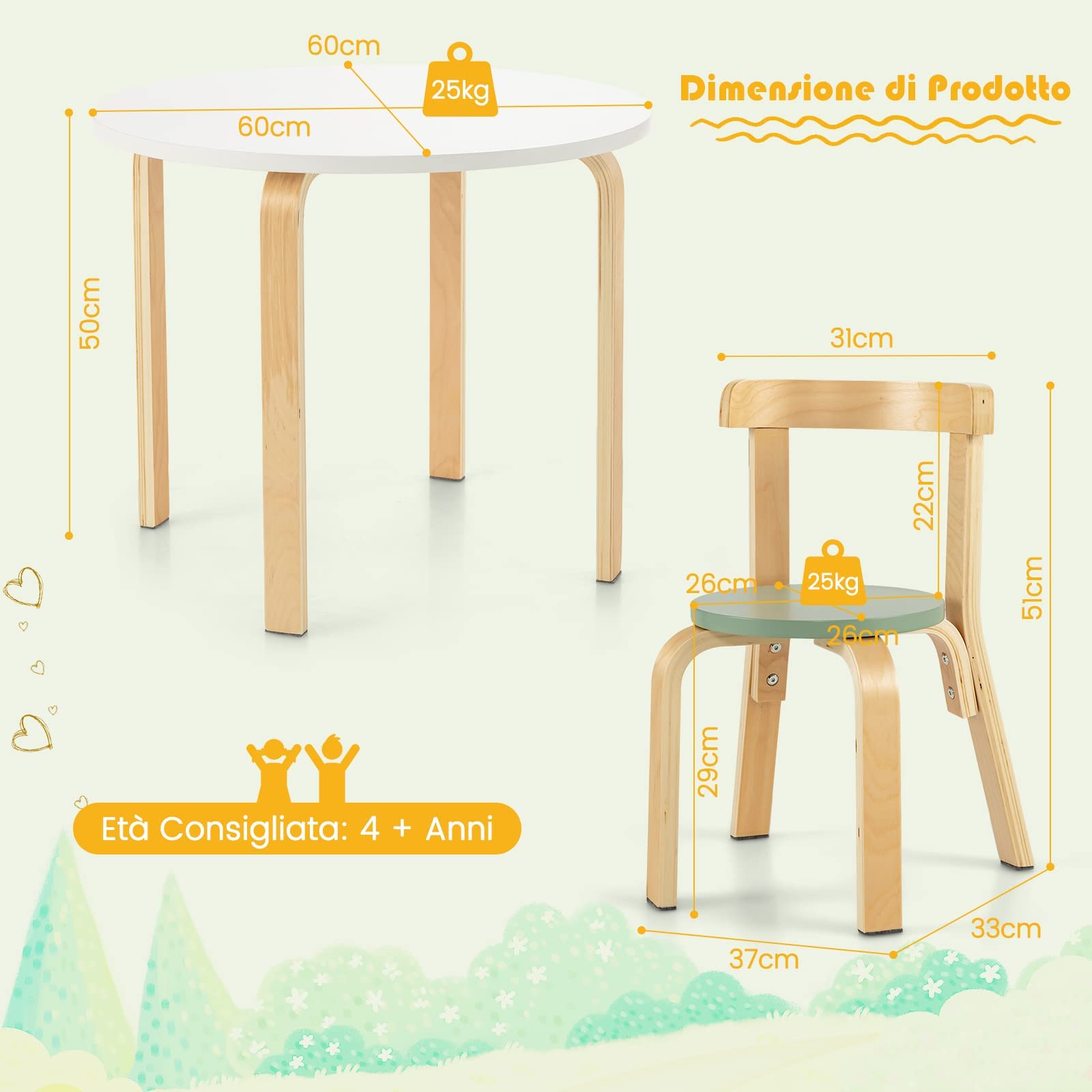 RELAX4LIFE Set di Mobili 5 Pezzi, Tavolo Attività e 4 Sedie per Bambini in Legno per Scuola, Stanza dei Giochi e Camera, +4 Anni