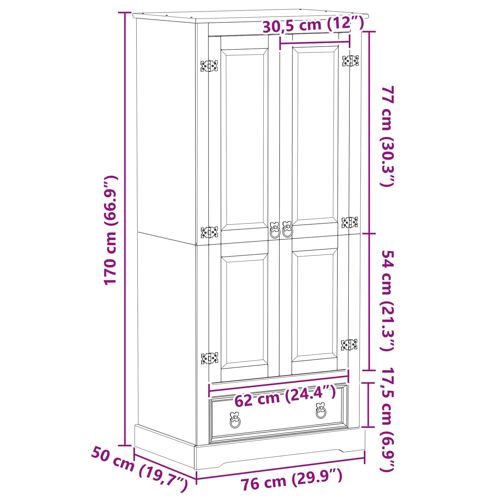 Armadio bianco in legno di pino massiccio 76 x 50 x 170 cm con cassetto, scaffale, 2 ante, spazio per camera da letto, corridoio e cameretta dei bambini, robusto e salvaspazio