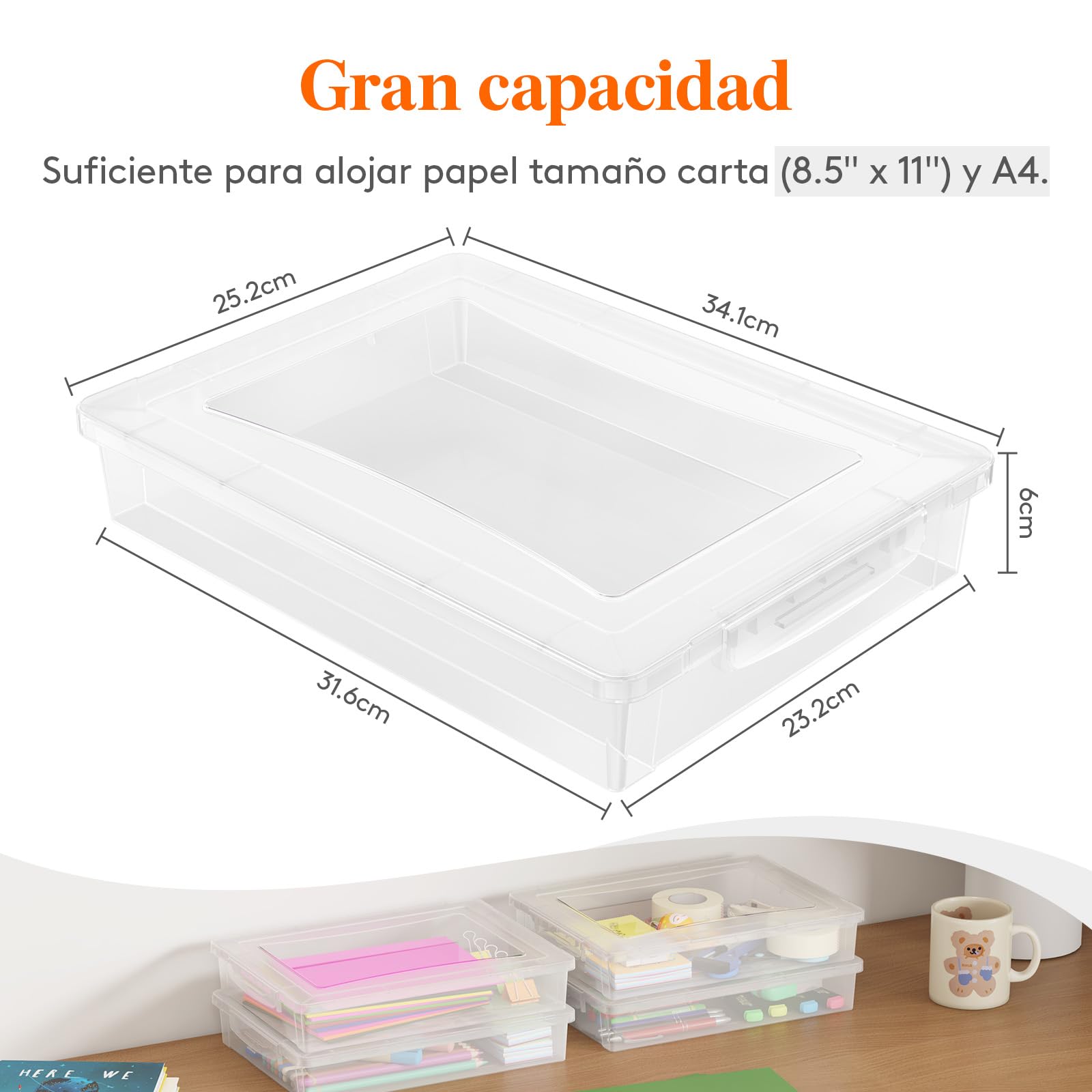 Lifewit 5L Cajas de Plástico Multiusos con Tapa, Almacenamiento de Papel A4, Organización en el Aula, Almacenamiento para Material de Manualidades, Documentos, 32 x 23 cm, Transparente, 4 Piezas
