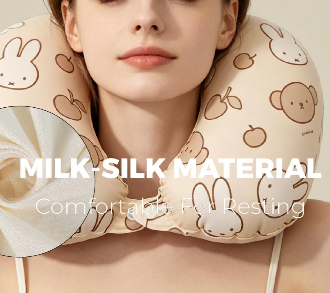 MIPOW x Miffy Inflatable Travel Neck Pillow, Press to inflate U Neck Pillow, Milk Silk Portable Neck Support Pillow