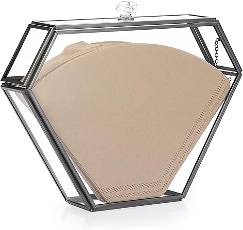 Miniatura 10 de ELLDOO Soporte de filtro de café de vidrio dorado, contenedor de almacenamiento de papel de café, estante dispensador de papel con tapa a prueba de