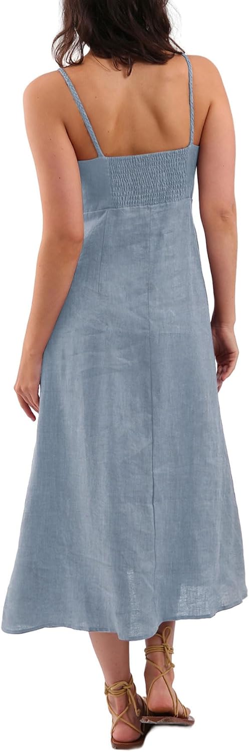 Amazhiyu Women's 100% Linen Spaghetti Strap Button Down Midi Dress Summer Casual - Image 2
