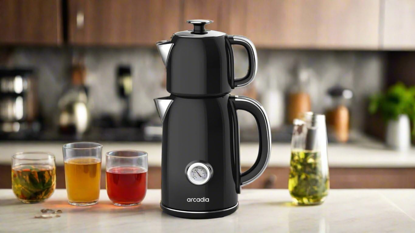 Arcadia Electric Turkish, Black and Herbal Tea Maker and Kettle, Stainless Steel, Temperature Control, LED and Dial Display, Auto Shut-off, Boil-Dry Protection, Black, 1.7L (1.5qt), 120V, 1500W