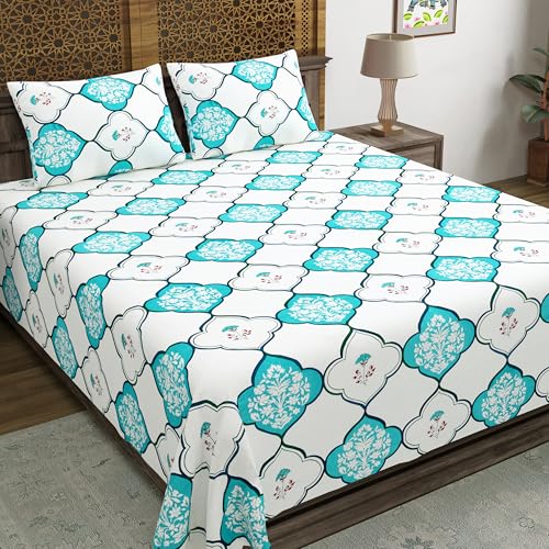 Image of BLOCKS OF INDIA Hand Block Printed 200 TC Cotton King Size Bedsheet | MUGHAL Turquoise