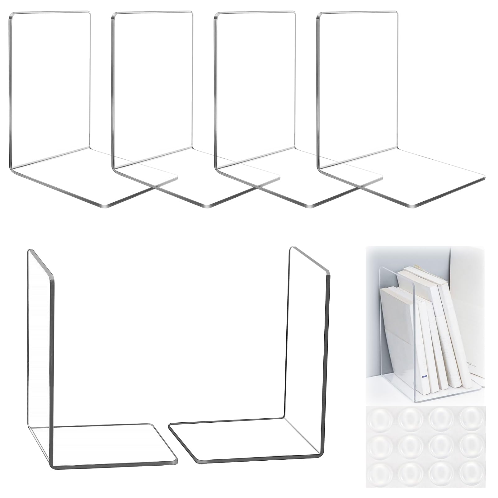 Sujetalibros de Acrílico Transparente Organizador de Libros 6 Piezas Sujetalibros en Forma de L para Hogar, Oficina, Estantería, Escritorio, Biblioteca