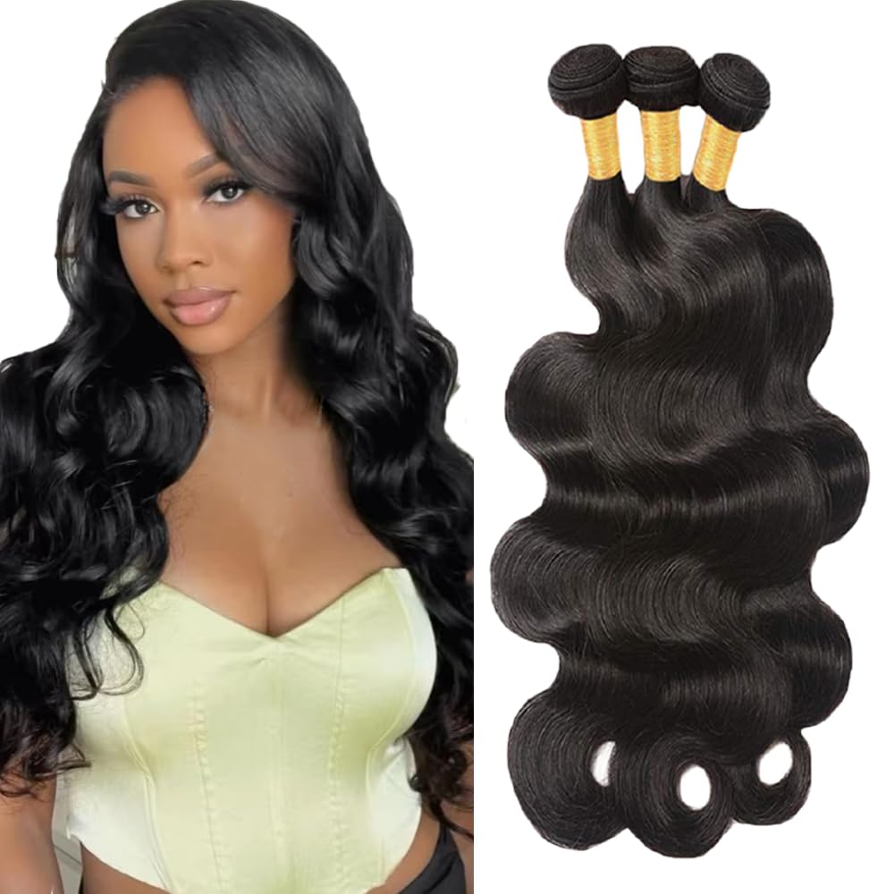 Body Wave Bundles Human Hair Extension Hair Echthaar Tressen Haare Bündel Brazilian Remy Virgin Human Hair Weave Double Weft #1B Natural Black 3 Bundles Total 300g 24 26 28 Inch