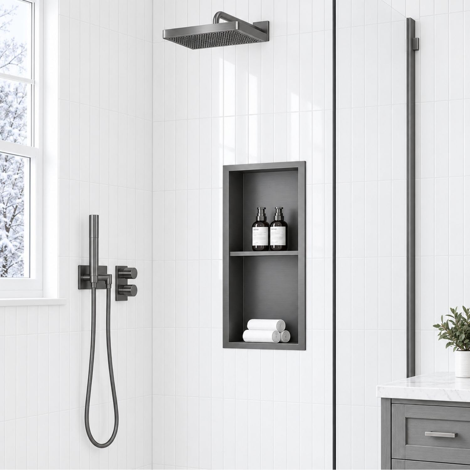 24 x 12 Inch Stainless Steel Shower Niche, No Tile Needed Wall Niche with Double Shelves, Recessed Wall Niche Insert for Bathroom Shower Kitchen Storage, Gun Gray
