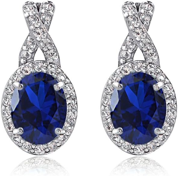 Sterling Silver Genuine, Created or Simulated Gemstone & White Topaz Oval and X Drop Earrings for Women - Image 5