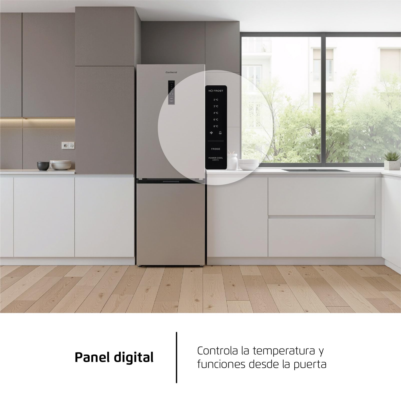 Corberó - Frigorífico Combi | CCH326DX | 293 L | 186 cm | No Frost | Motor Inverter | Display en Puerta y Función Súper Enfriamiento | Silencioso 39db | Inox