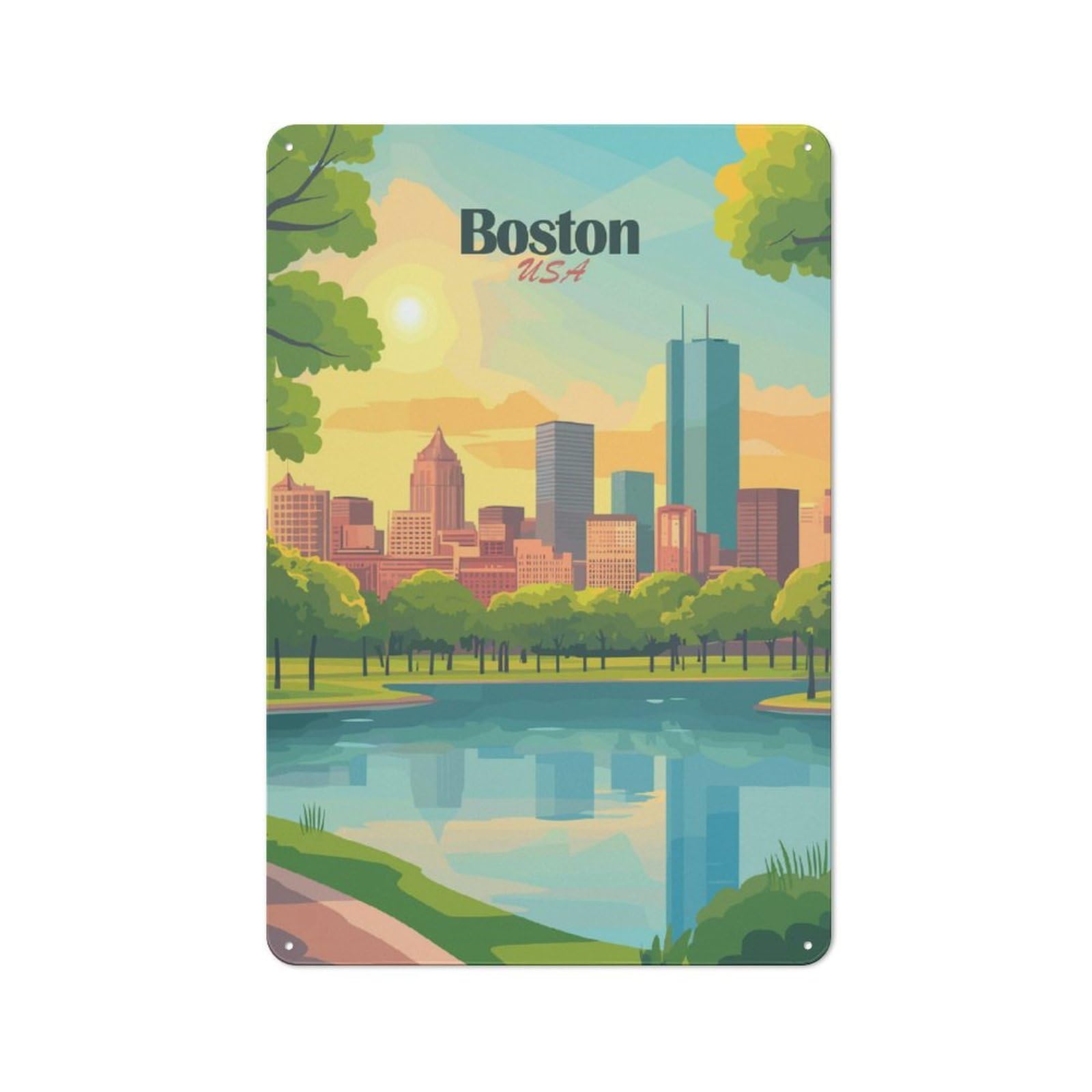 Junmoney Style-3 For Garden Room Or Summerhouse, Boston Usa Cityscape Illustration(2) Retro Metal Sign 30X20cm, For Vintage Wall Decor Fans, For Metal Sign Collectors