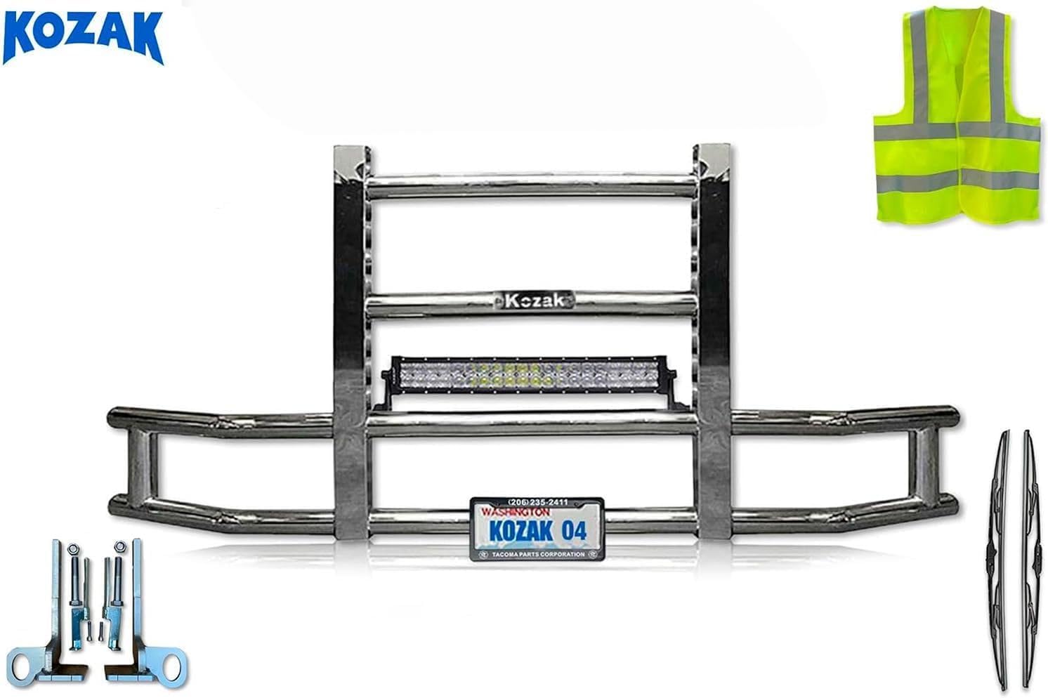 Compatible with Peterbilt 579 2013-2020 Steel Truck Bumper Deer Guard PLUS 22 inch LED Bar 120W, 2x22 inch Windshield Wipers, License Plate Holder and Frame, Mounting Brackets, and Vest