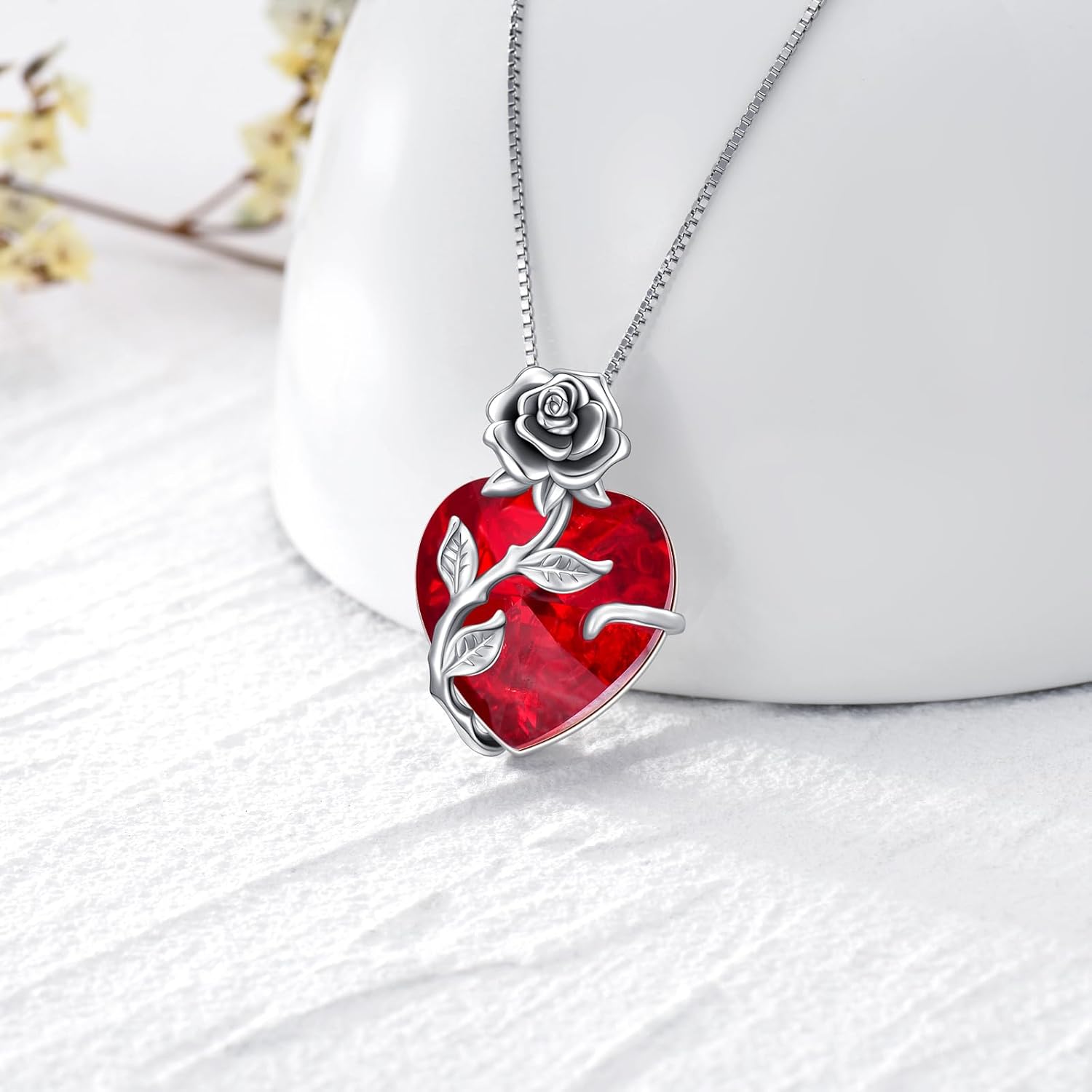 OCJ Birthstone Necklace for Women 925 Sterling Silver Rose Flower Heart Birthstones Pendant Necklace Fine Jewelry Anniversary Mothers Day Birthday Gifts for Women Her Mom Wife Mother Grandma
