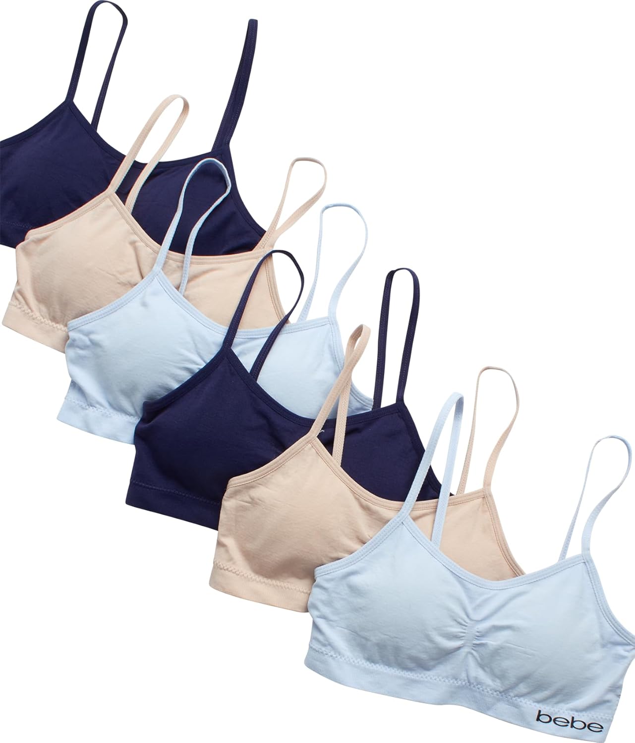 bebe Girls Training Bra - 6 Pack Soft Stretch Tag Free Girls Bra with Removable Pads Comfort Fit Bras for Teens