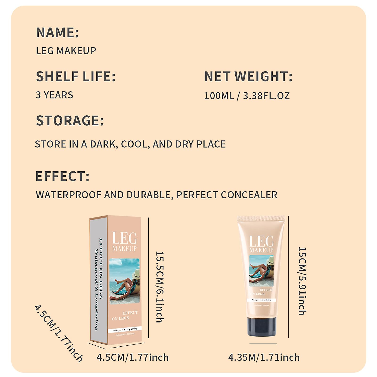 Trucco impermeabile per le gambe senza trasferimento, pennello per il corpo extra grande, copertura per vene varicose/cicatrici, Skin Perfecting Body Foundation