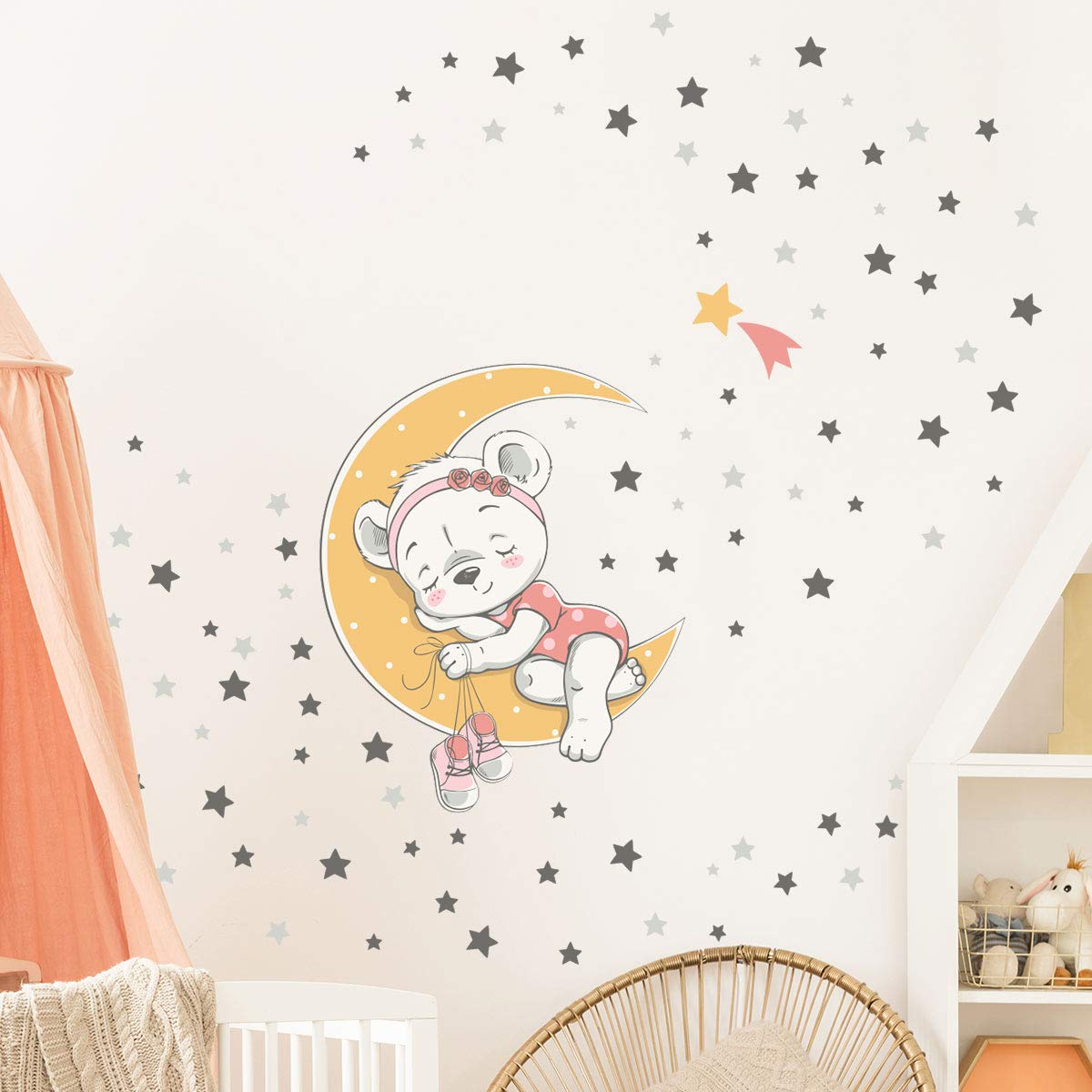 Children's Wall Stickers, Baby Room Decoration, Children's Wall Stickers, Wall Sticker Bear on The Moon + 100 Stars - Image 2