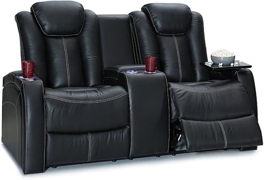 Seatcraft Republic Home Theater Seating Black Loveseat with Storage | Italian Leather, Powered Headrest, Power Recline, USB-A charging, Storage Console