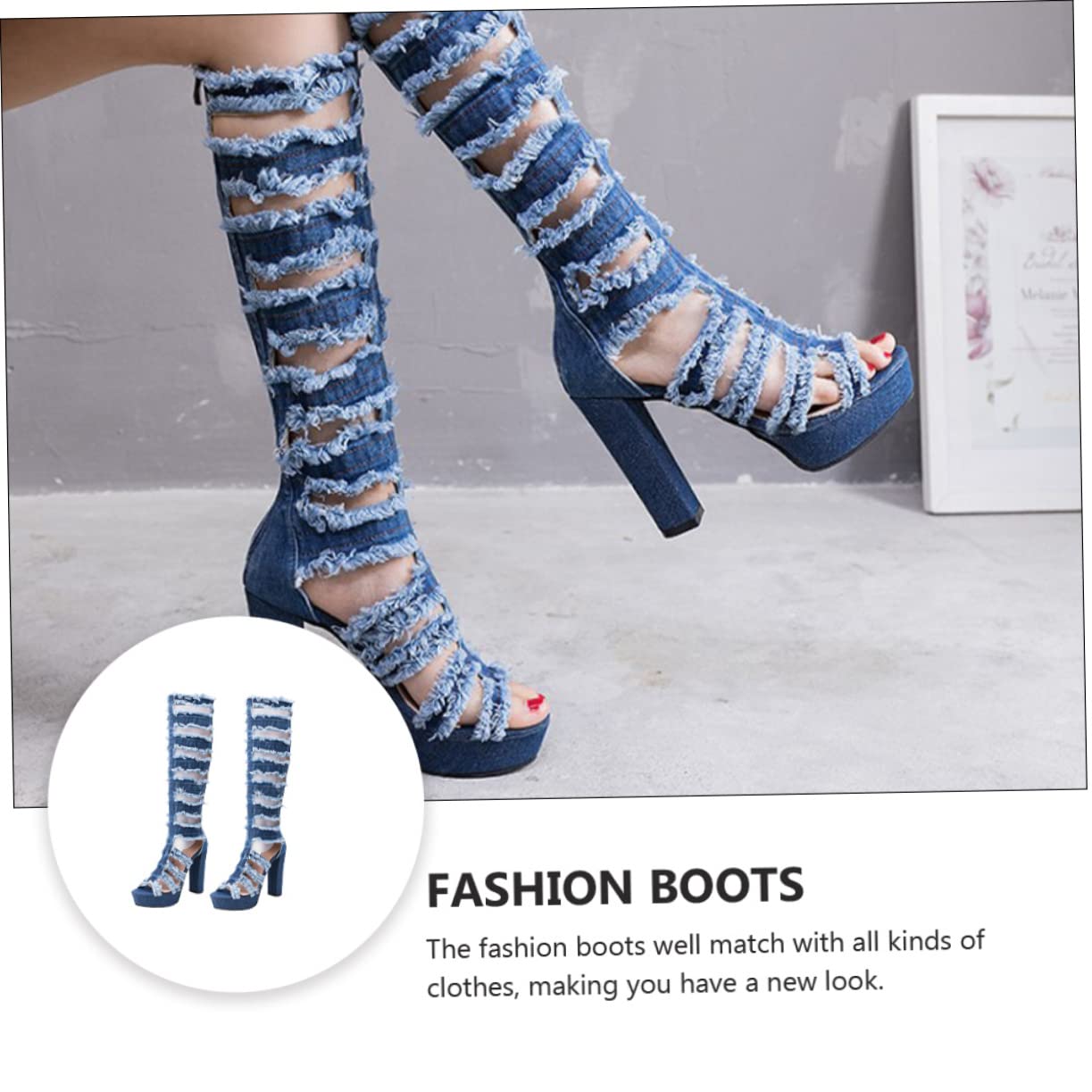 FRCOLOR Stivali Sopra Ginocchio Donna, 1 Paio, Denim Blu, Tacchi Stabile