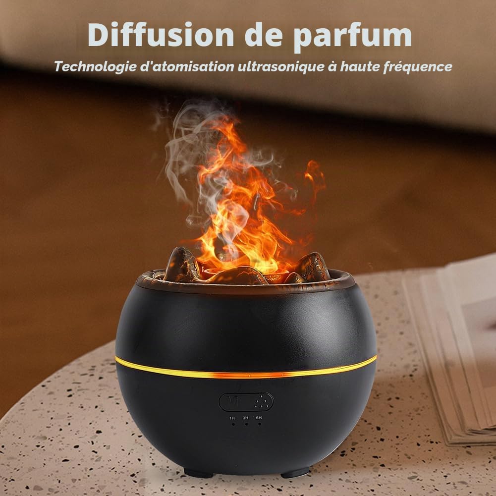 Diffuseur d'arômes pour huiles essentielles, 360 ml, lampe aromatique volcanique avec minuterie, protection automatique et veilleuse LED 7 couleurs, effet flamme pour chambre à coucher, bureau, yoga
