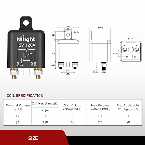 Miniatura 3 de Nilight Relé de Arranque de 120A, Interruptor de Relés Divididos de 4 Pines, 12V Continuo Servicio Pesado SPST Alta Corriente 4 Terminales Control