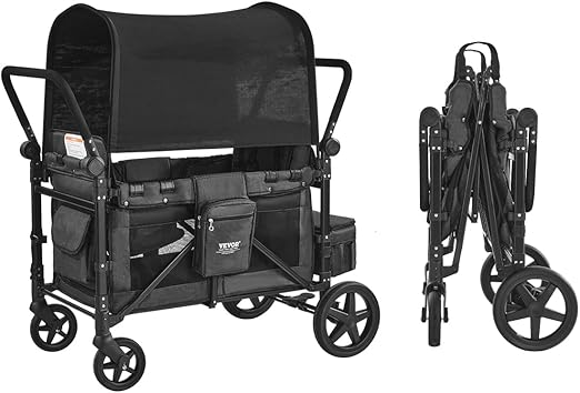 VEVOR Wagon Stroller for 4 Kids, Push Pull Quad Collapsible Stroller with Adjustable Handle, Safety Harness & Removable Canopy, 4-Seater Stroller Wagon for Camping, Dark Gray & Black (330LBS Loading)