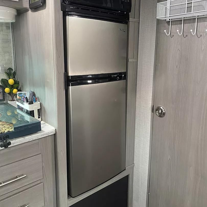 RecPro 4.4 Cu Ft RV Refrigerator | 12V Stainless Steel Fridge with Freezer | Frost-Free, Adjustable Shelves, Built-In Lock, Reversible Door | Off-Grid Ready Camper Fridge with Can Holder Silver (Stainless Steel) 4.4 Cubic Foot image 3 of 9 B086T67KWH