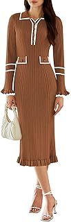 Women's V Neck Bodycon Sweater Dress 2024 Long Sleeve Half Button Slim Fitted Ruffle Ribbed Knit Maxi Pencil Dress - Buy now