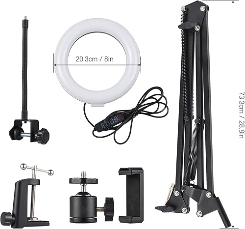 Miniatura 9 de Soporte de brazo plegable para cámara con lámpara de anillo de 8 pulgadas, clip de teléfono compatible con cámara compacta, teléfono inteligente,
