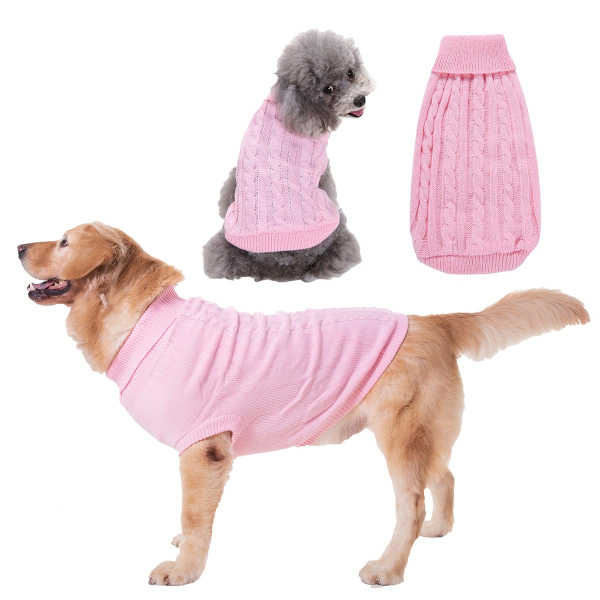 FANSU Small Dog Jumper Soft Turtleneck Puppy Sweater Solid Color Twist Thicken Knitt Dog Pullover Vest Coat for Small Medium Large Dogs and Cats, Warm Pet Christmas Winter Outfit (M,Pink)