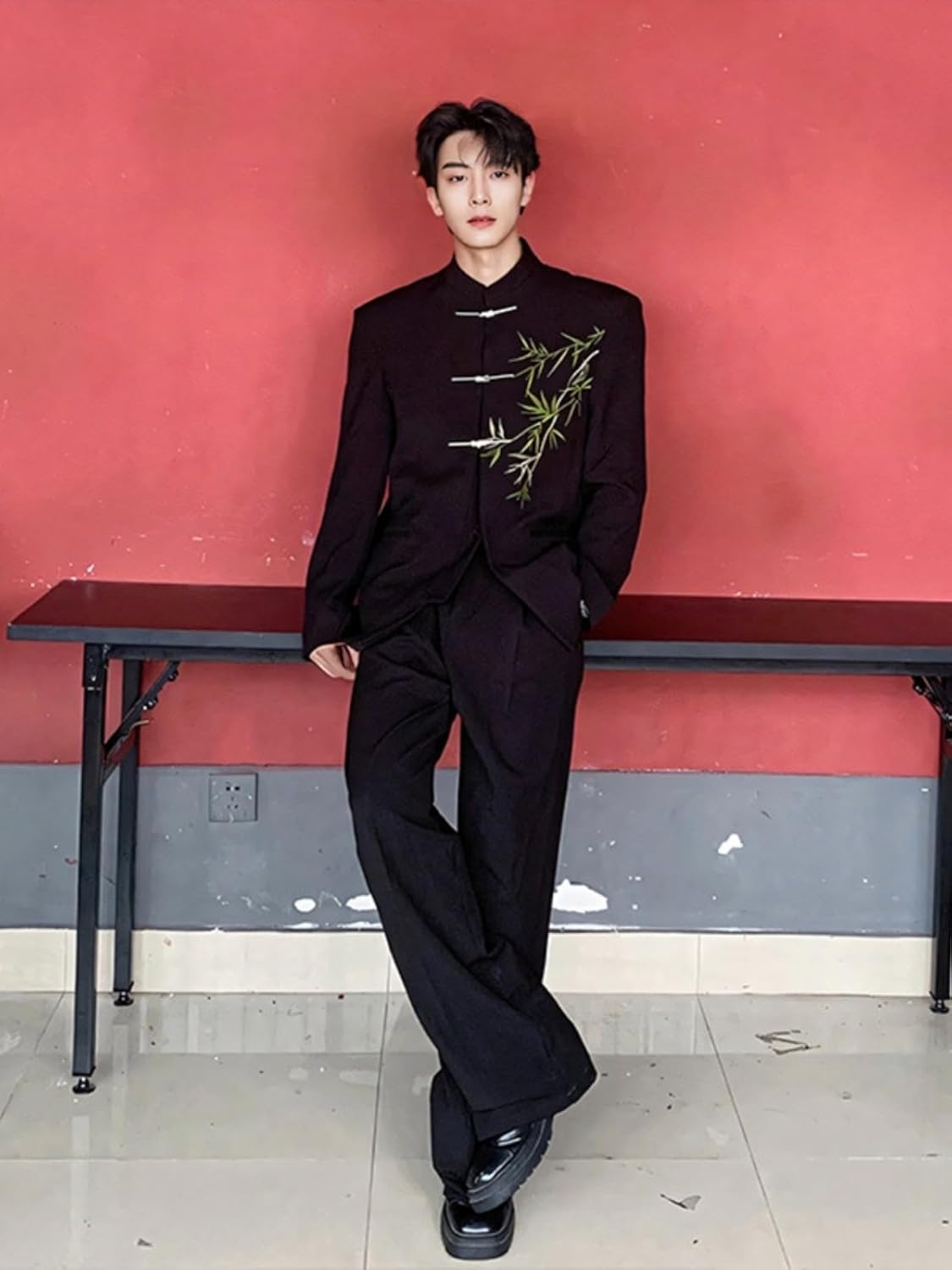 HSQIBAOER Men's Shirt Chinese Style Embroidered Engagement Zhongshan Suit Formal Attire