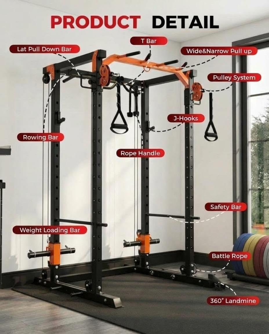 Power Cage with LAT Pulldown & Cable Crossover System, 2000LBS Multi-Functional Power Rack, All-in-1 Weight Cage Home Gym with Adjustable Pulley System, Squat Rack for Garage, Home