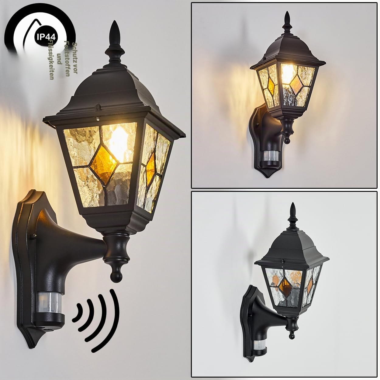HOFSTEIN Außenwandleuchte Naofe, Außenwandlampe mit Bewegungsmelder aus Metall/Glas in Schwarz/Klar/Orange, Wandleuchte außen Vintage/Antik/Landhaus, E27, IP44, Garten, Hof, Außenbereich, Haustür