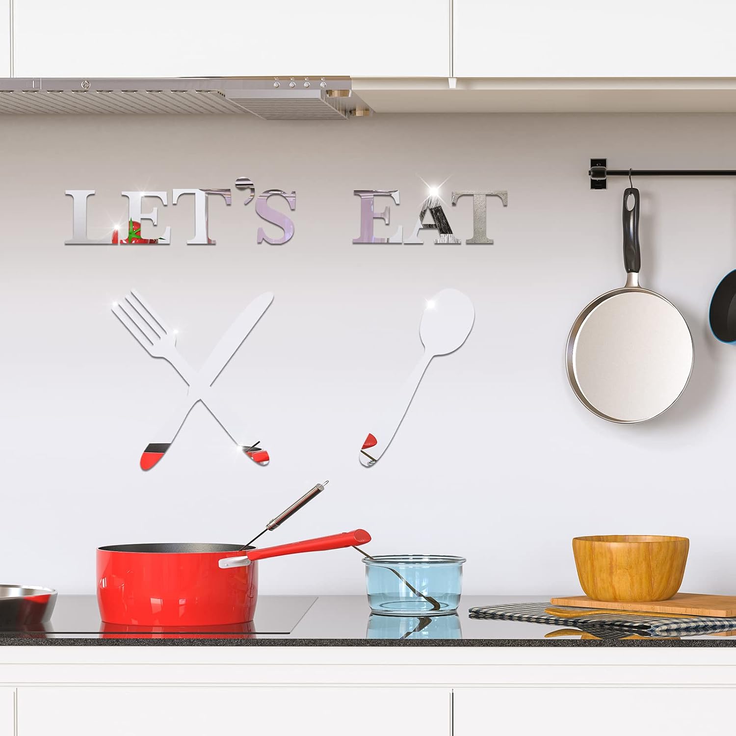 Let's Eat 3D Mirror Wall Stickers Acrylic Kitchen Wall Decals Decoration Removable Fork Spoon Knife Sign DIY for Restaurant Dining Room (Classic Style)