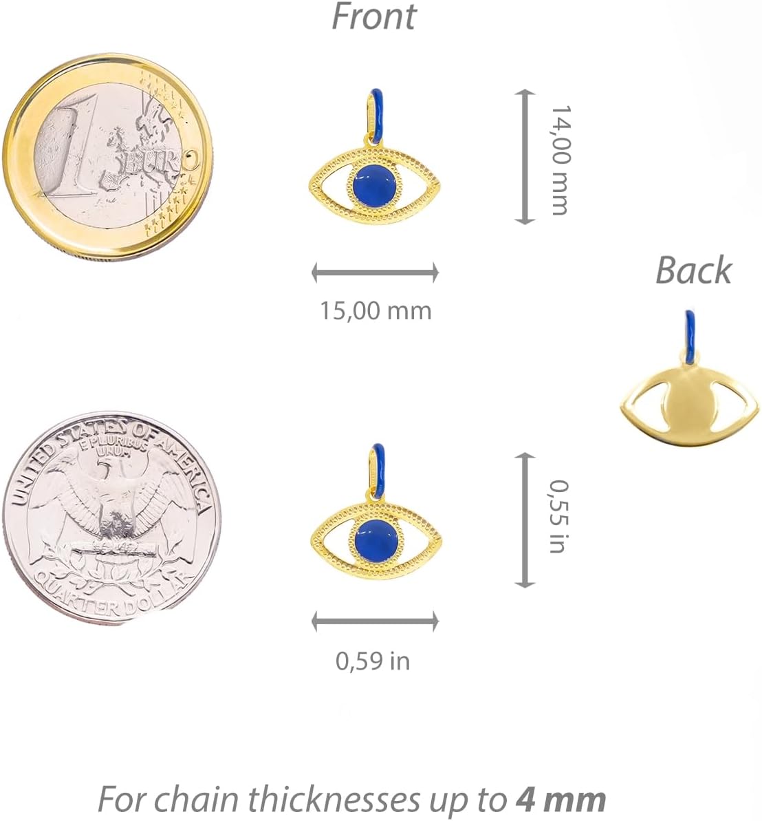 forme di Lucchetta - 14k Gold Evil Eye Pendant Charm with Blue Enamel for Necklaces up to 4mm, Made in Italy