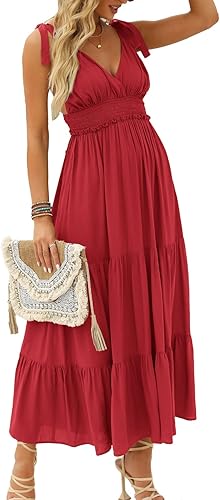 Miniatura 3 de DEEP SELF Vestido largo de verano con cuello en V para mujer, con tirantes delgados, dobladillo con volantes, vestidos largos con volantes