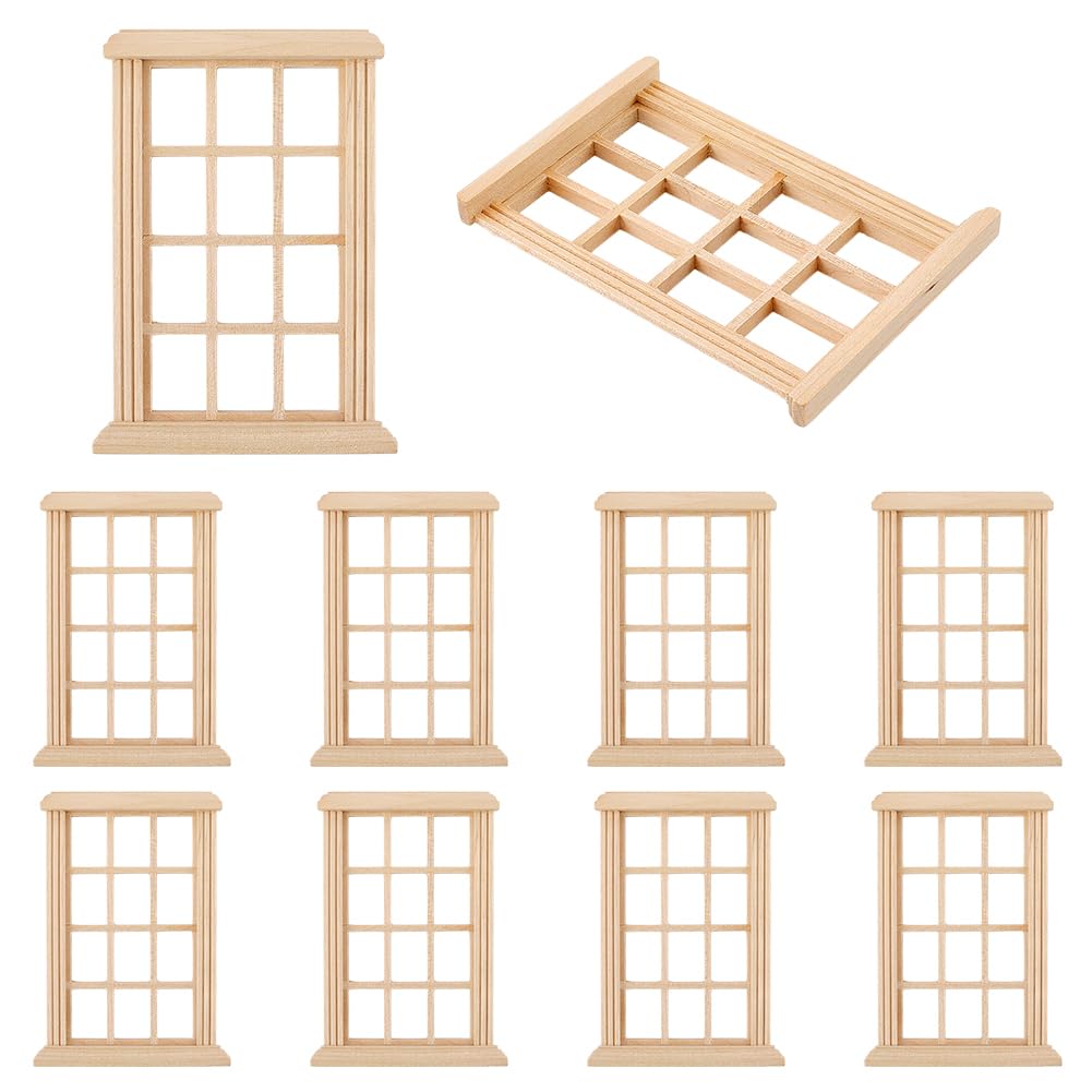NBEADS 10 Pcs Dollhouse Windows, 113x82mm 1:12 Scale Birch Wood Window for Pretending Prop Decorations Dollhouse Interior Decoration, BurlyWood
